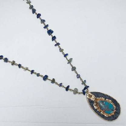 Lapis Beaded Chain with Lava Oval Pendant Necklace