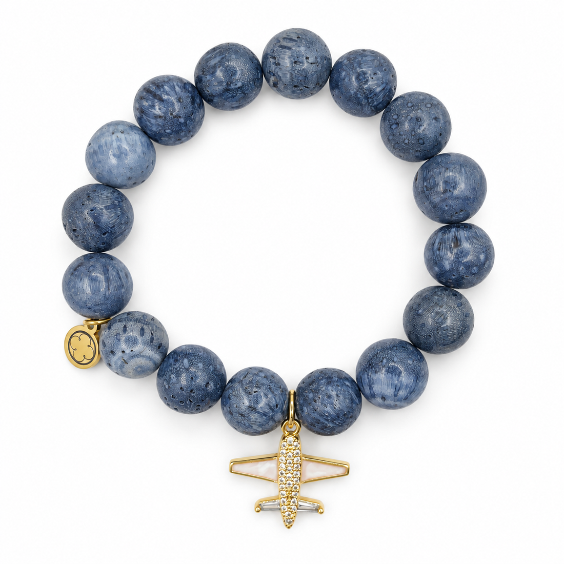 Blue Sponge Coral with Gold Pavé Airplane on white studio background
