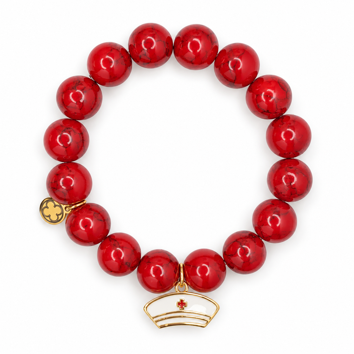 Red Howlite with Enamel Nurse Hat Pendant on white studio background