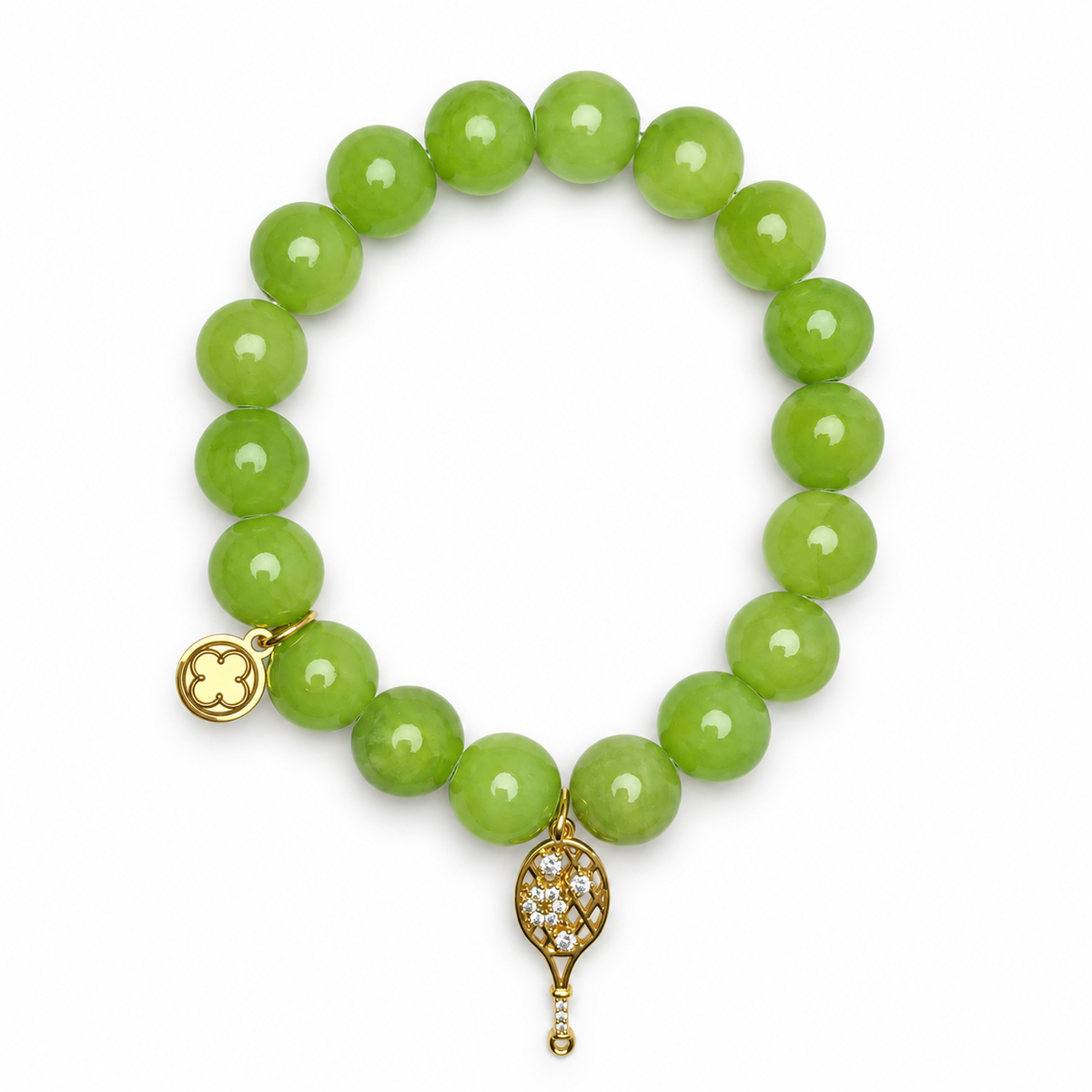 Lime Green Jade with Gold Pavé Tennis Racket on white studio background