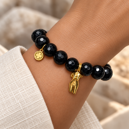 Black Onyx with Body Silhouette Pendant bracelet worn on a woman&