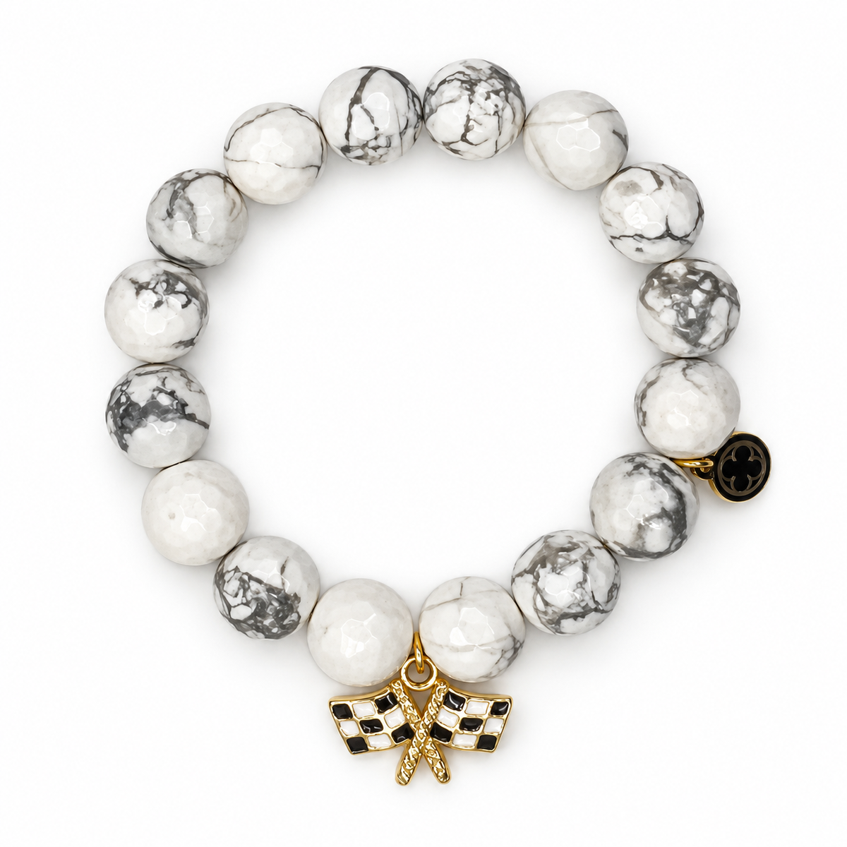 White Howlite with Gold Race Flag Pendant on white studio background