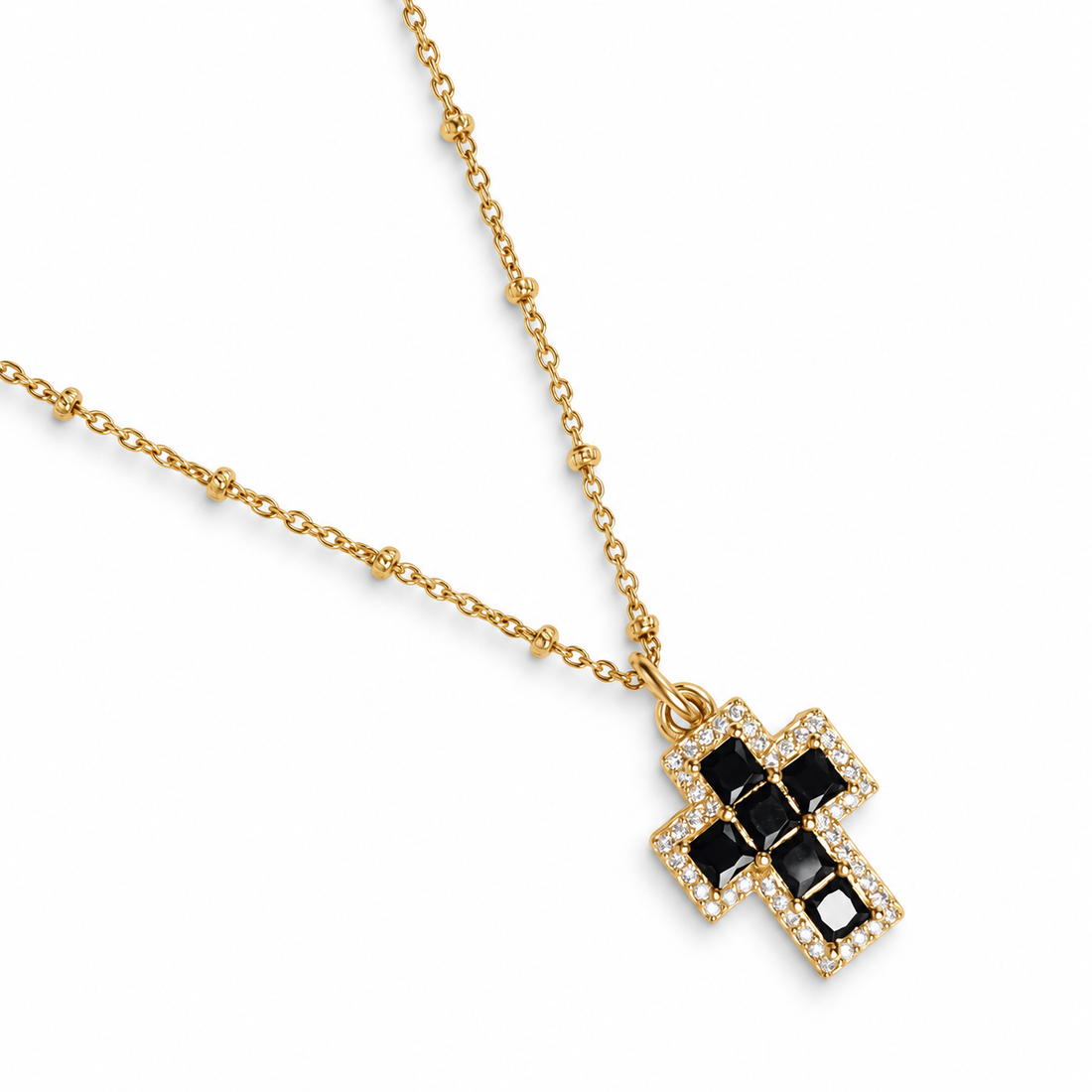 Black Pavé Mini Cross Necklace studio photo