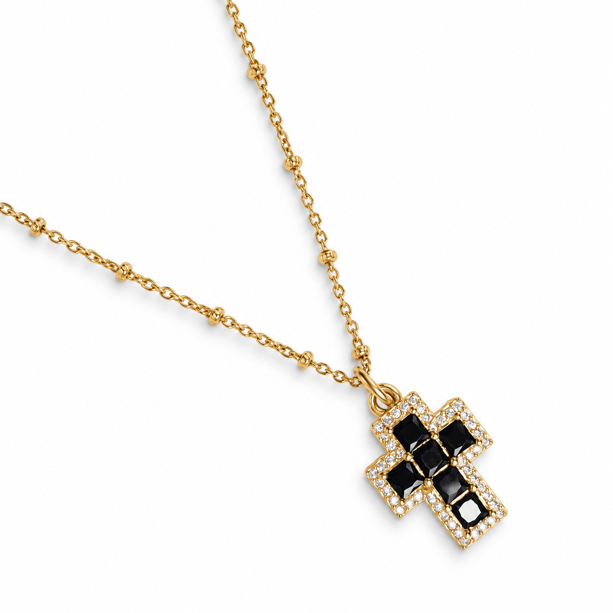 Black Pavé Mini Cross Necklace studio photo