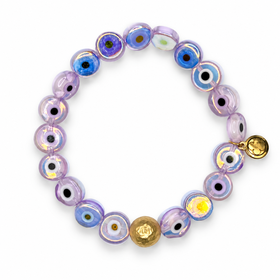 Purple Iridescent Evil Eye Glass with Hammered Gold Accent on white studio background