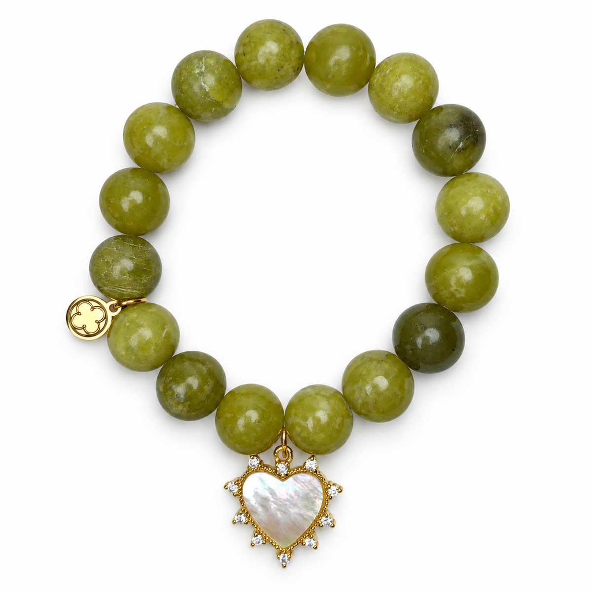 LIMITED EDITION Laurel Green Jade with Mother of Pearl Pavé Heart on white studio background