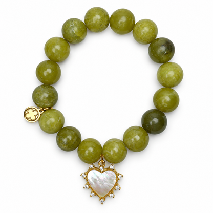 LIMITED EDITION Laurel Green Jade with Mother of Pearl Pavé Heart on white studio background