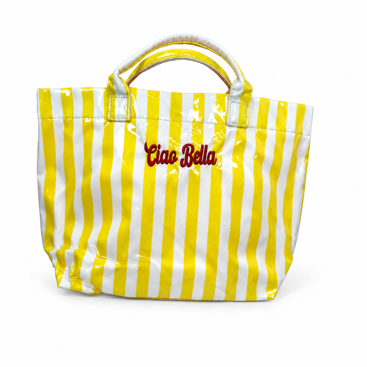 Ciao Bella Yellow/White Striped Waterproof Tote on a white studio background