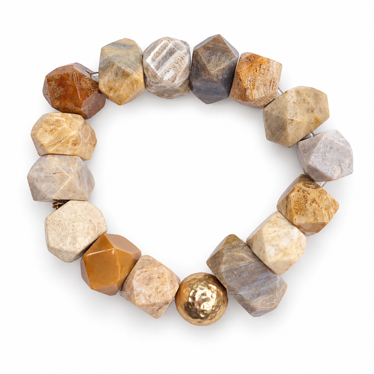 Fossil Coral Nugget with Hammered Gold Accent on white studio background
