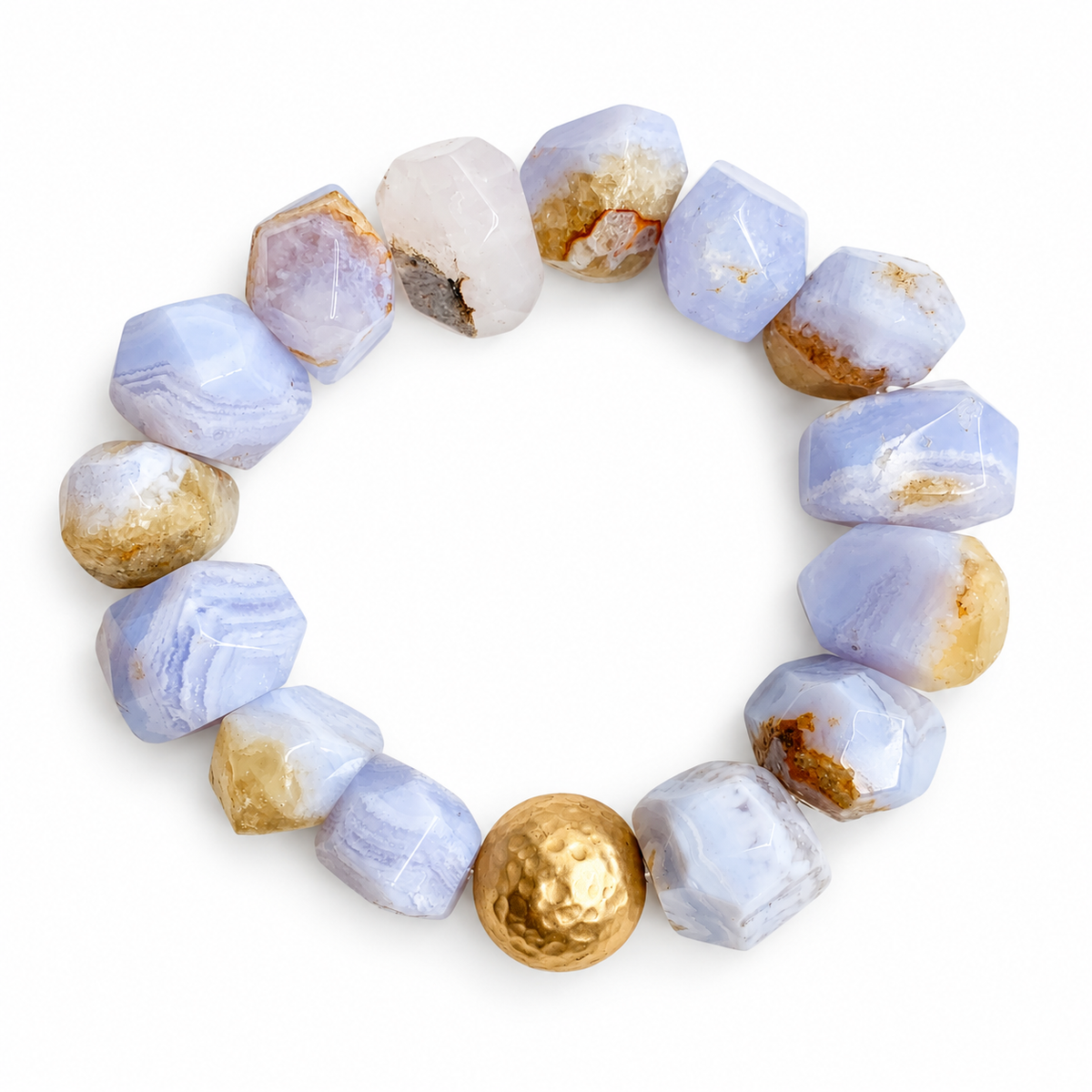 Serenity Blue Agate Nugget with Hammered Gold Accent on white studio background