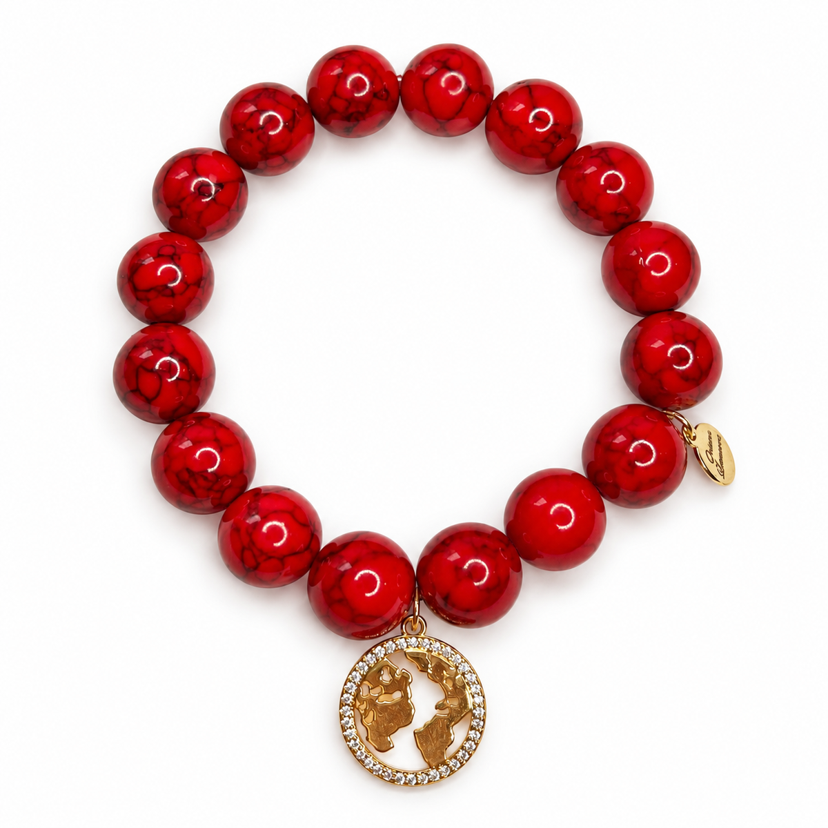 Red Howlite with Gold Pavé World on white studio background