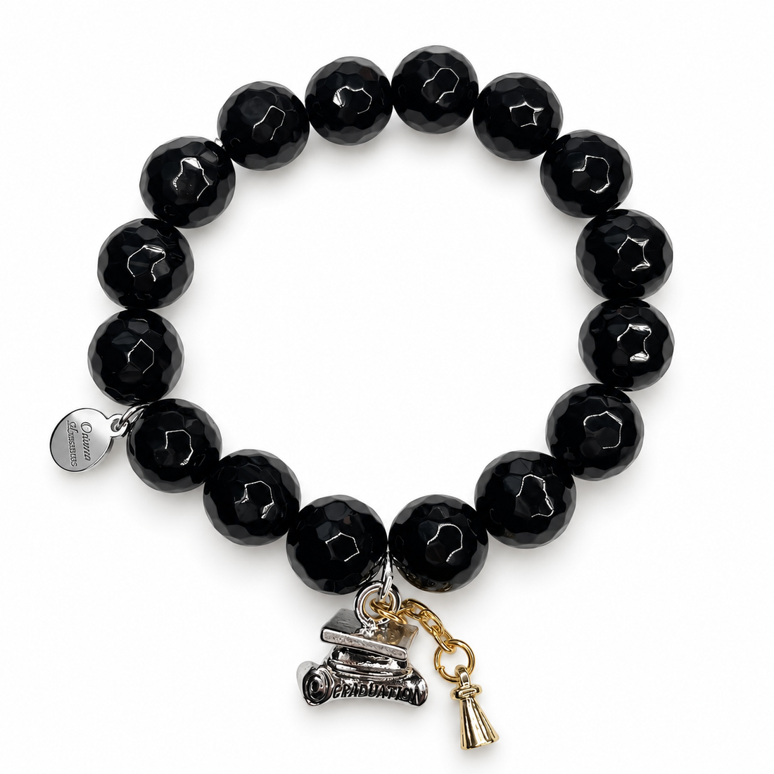 Black Onyx with Graduation Cap &amp; Tassel Pendant on white studio background