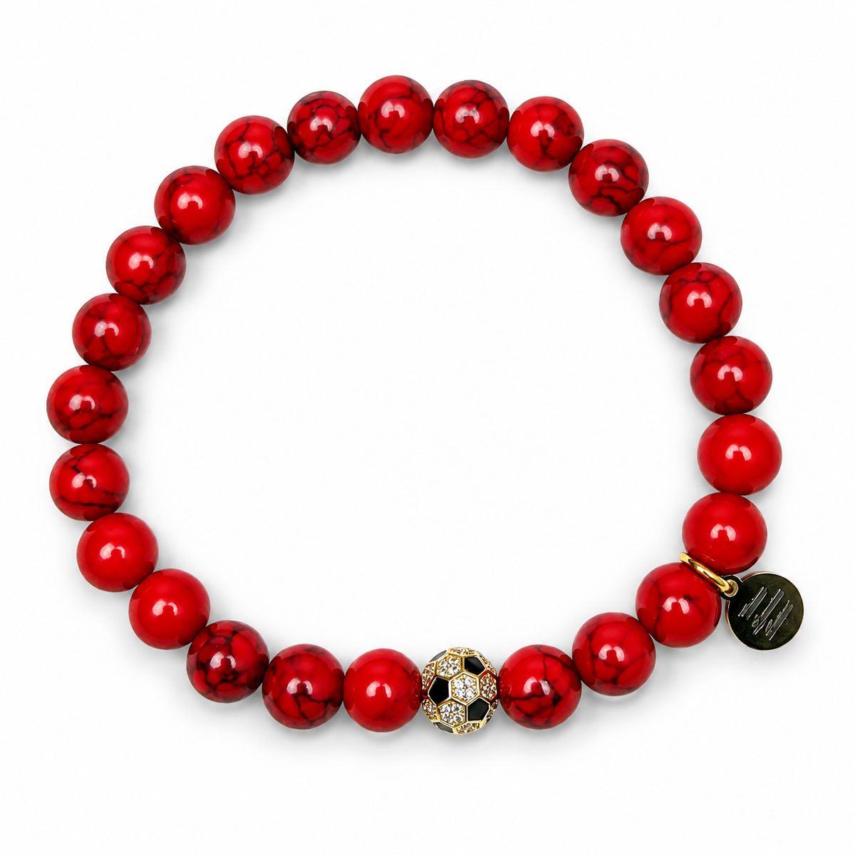 "Joe Barone Foundation" Mens Red Howlite with Pavé Soccer Ball on white studio background