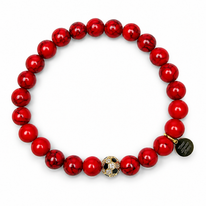 "Joe Barone Foundation" Mens Red Howlite with Pavé Soccer Ball on white studio background