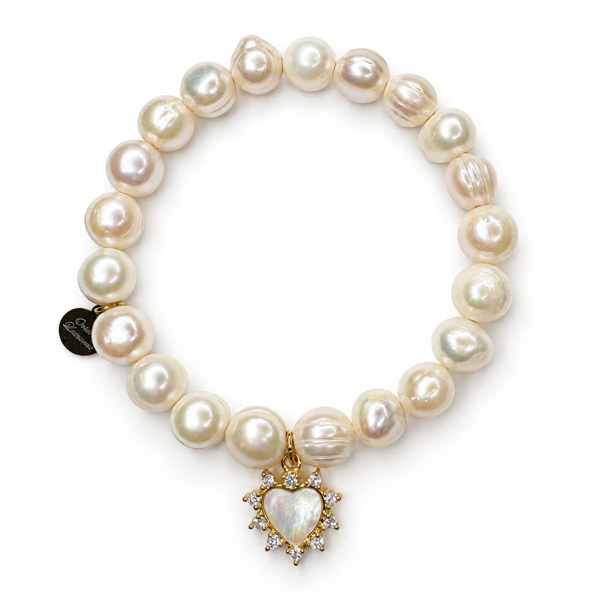 Freshwater Pearls with Mother of Pearl Pavé Heart Pendant on white studio background