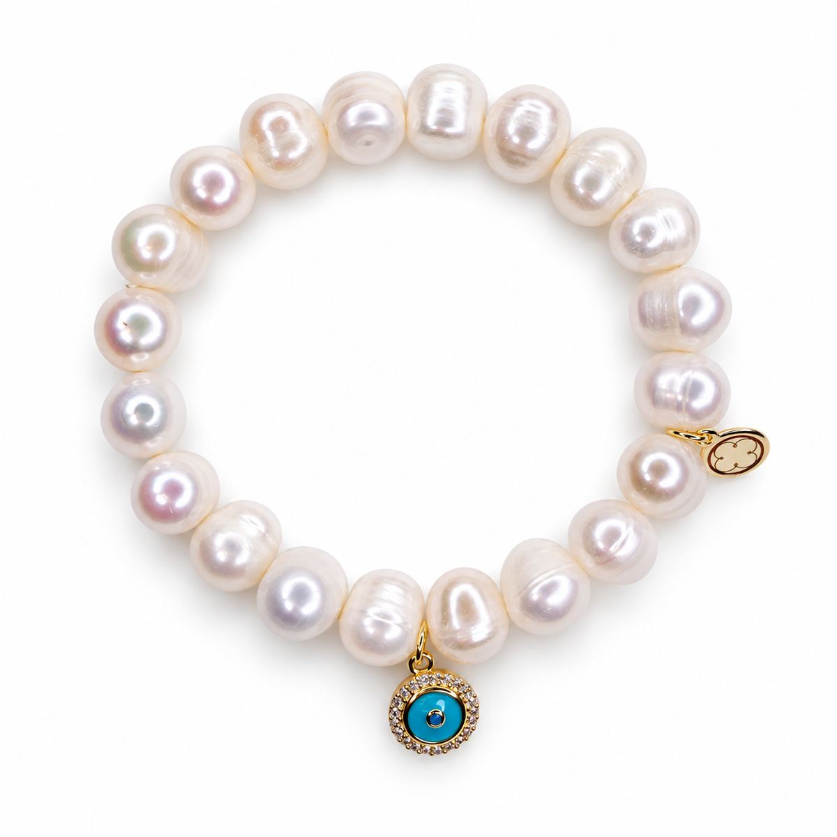 Freshwater Pearls with Pavé Enamel Evil Eye on white studio background