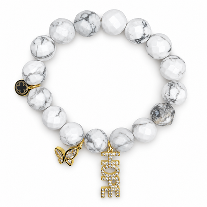 White Howlite "Ashley Lauren Foundation" with Pavé Hope and Butterfly Pendant on white studio background