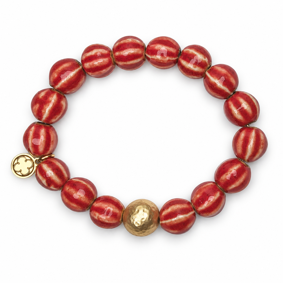 Red Ceramic Riccio Bead with Hammered Gold Accent on white studio background