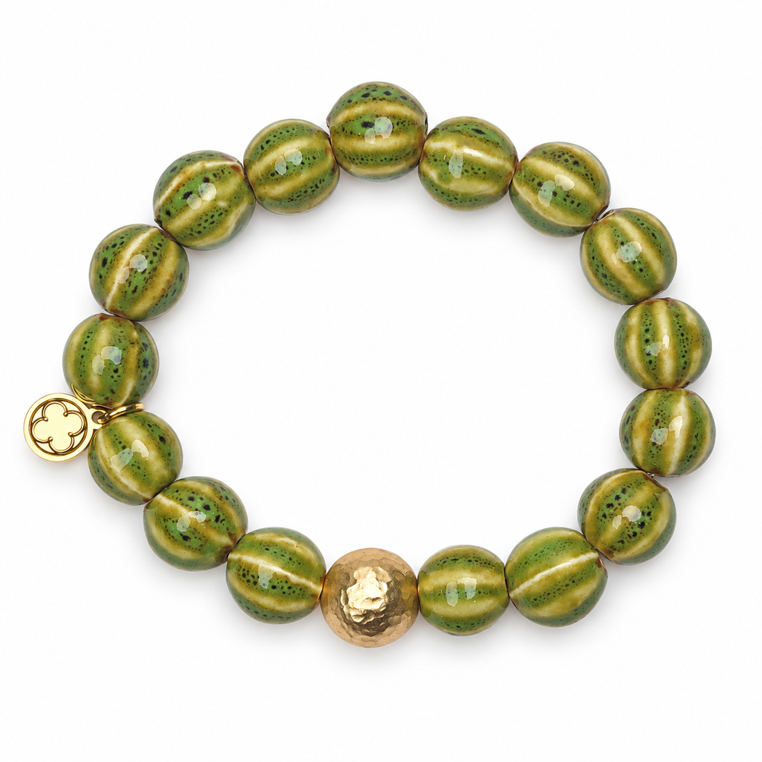 Verde Ceramic Riccio Bead with Hammered Gold Accent on white studio background