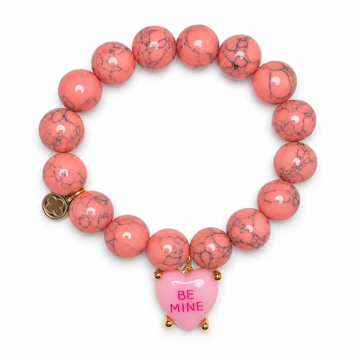 Coral Pink Howlite with "Be Mine" Candy Heart Pendant on white studio background