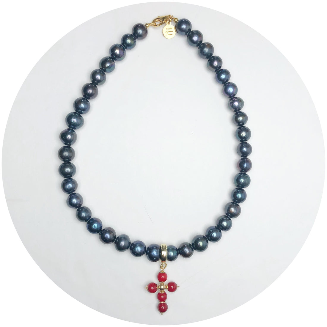 Perla Grande Peacock Pearl with Red Coral Cross Necklace