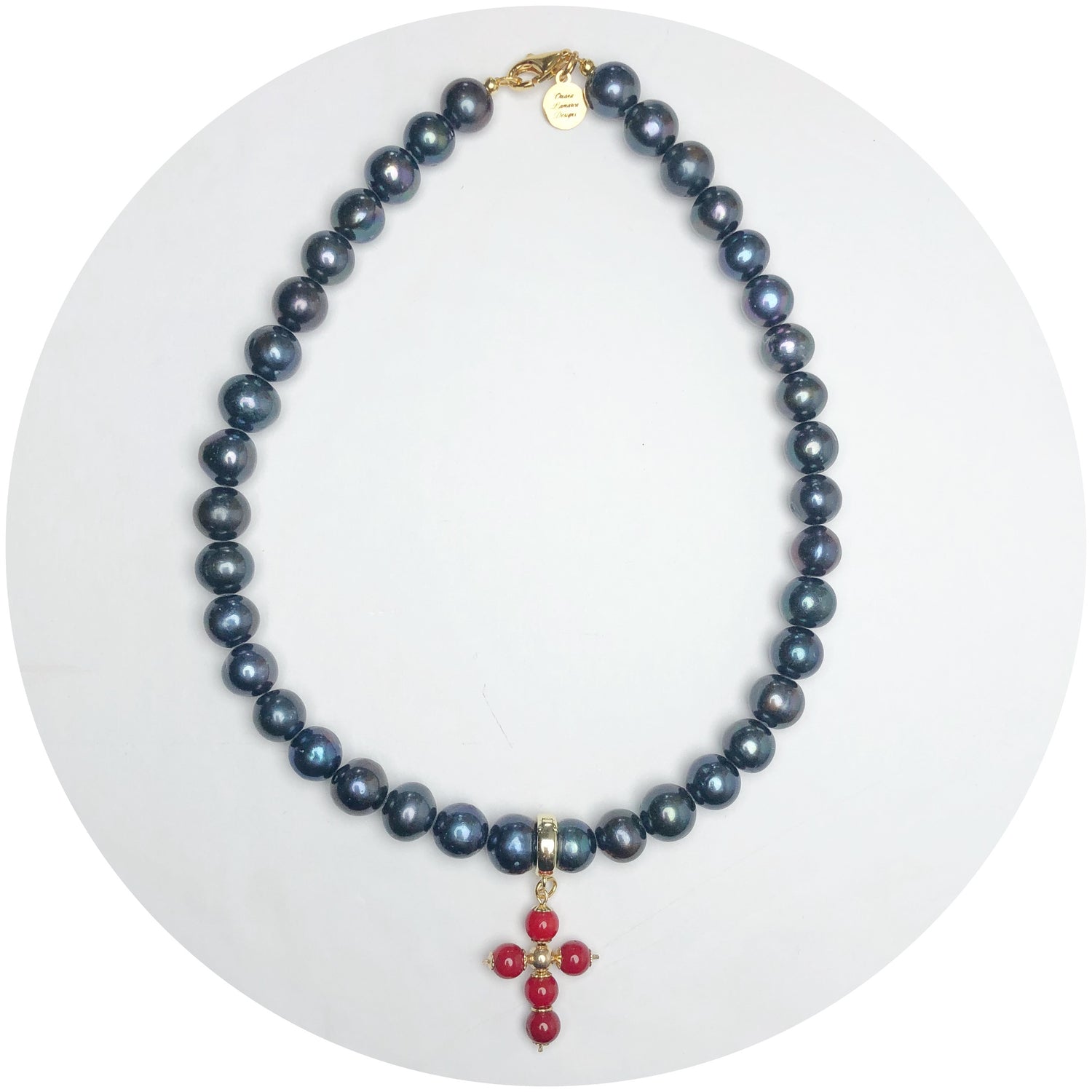 Perla Grande Peacock Pearl with Red Coral Cross Necklace