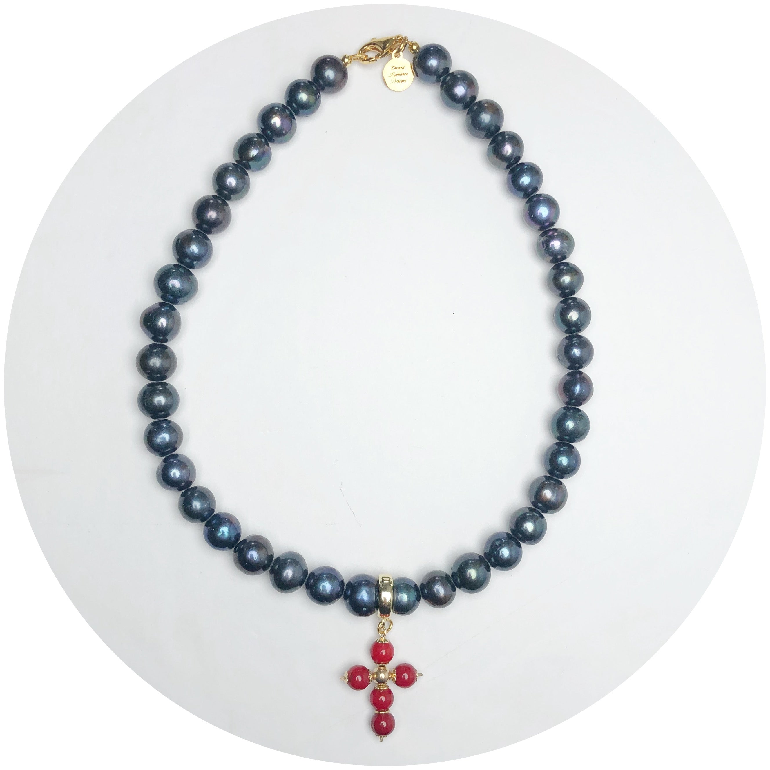 Perla Grande Peacock Pearl with Red Coral Cross Necklace