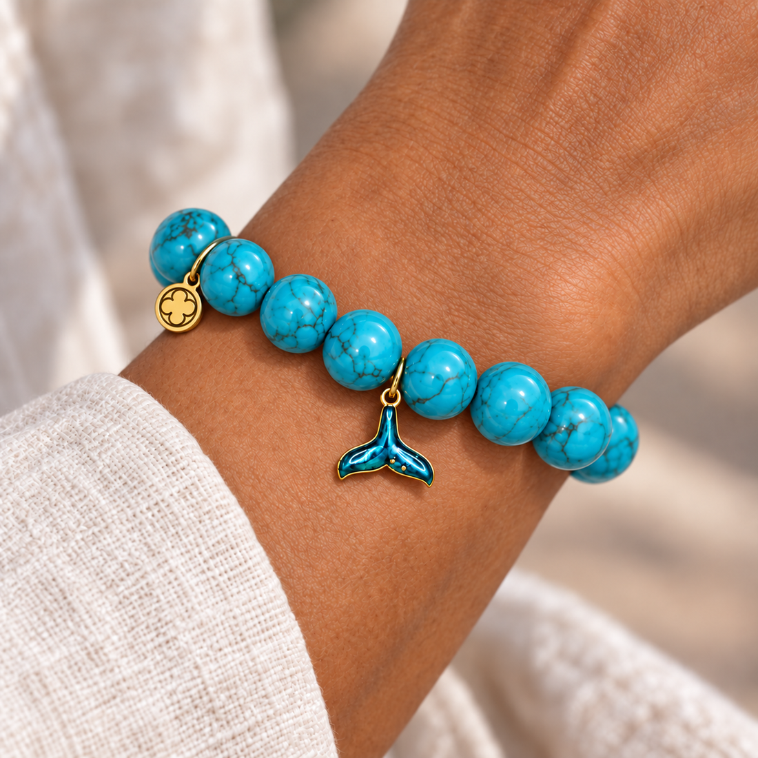 Blue Howlite with Mermaid Tail Pendant worn on a woman&