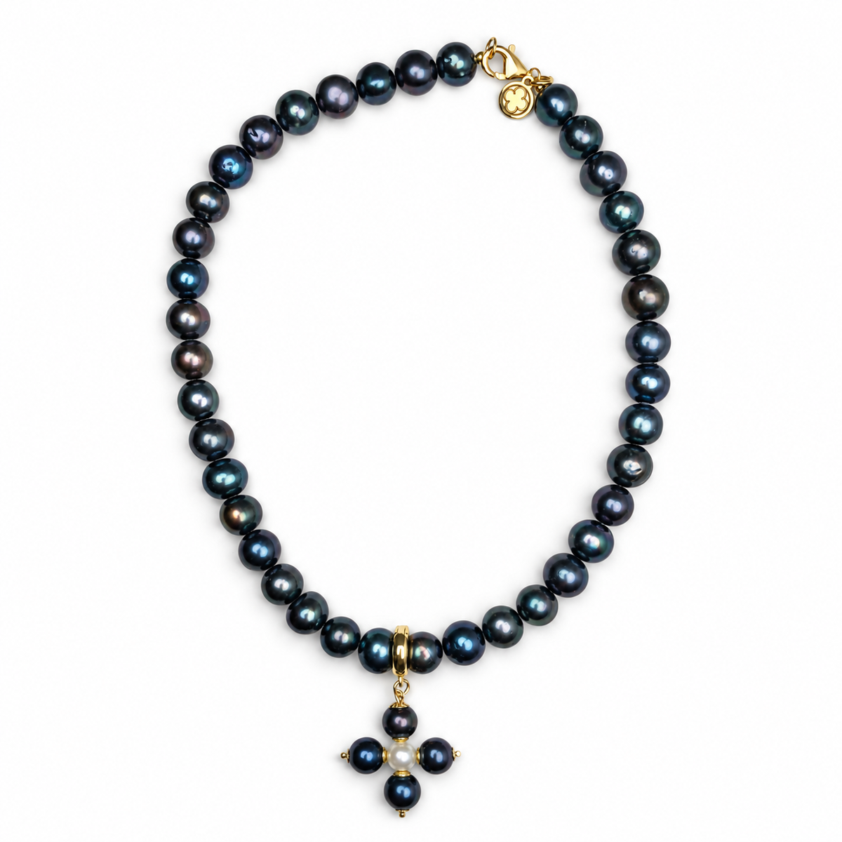 Perla Grande Peacock Pearl with Peacock Pearl Maltese Cross Necklace studio photo