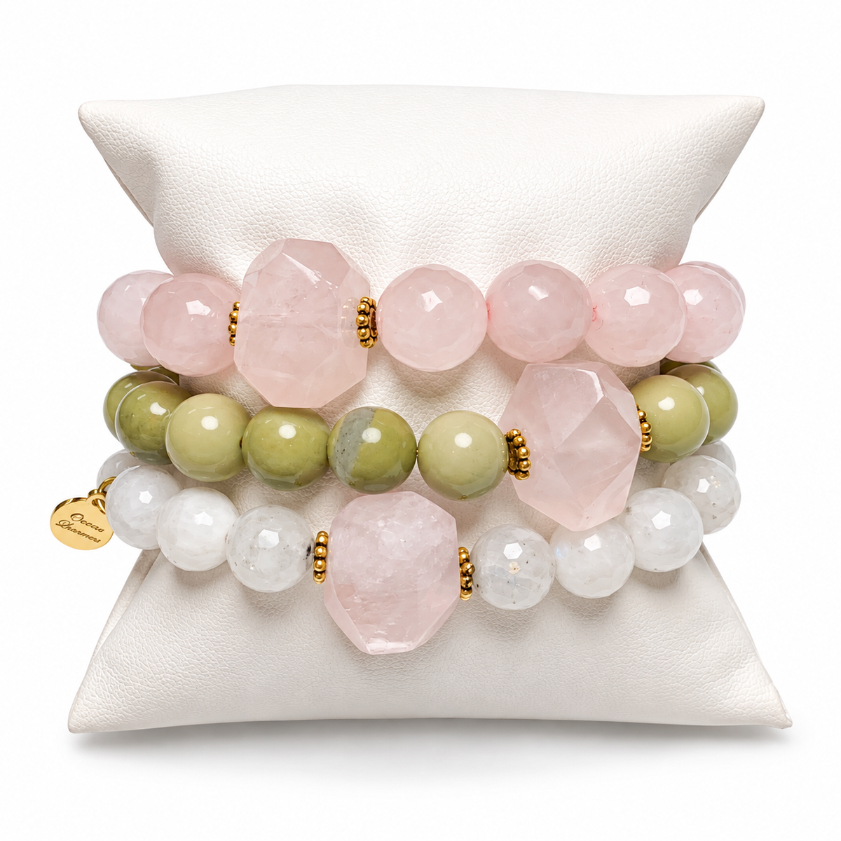 Rose Quartz &amp; Pistachio Jade Rock Candy Armparty on white studio background