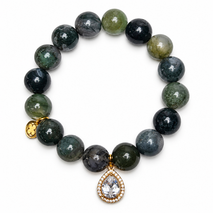 Sicilian Cypress Green Agate with Gold Teardrop Pendant on white studio background