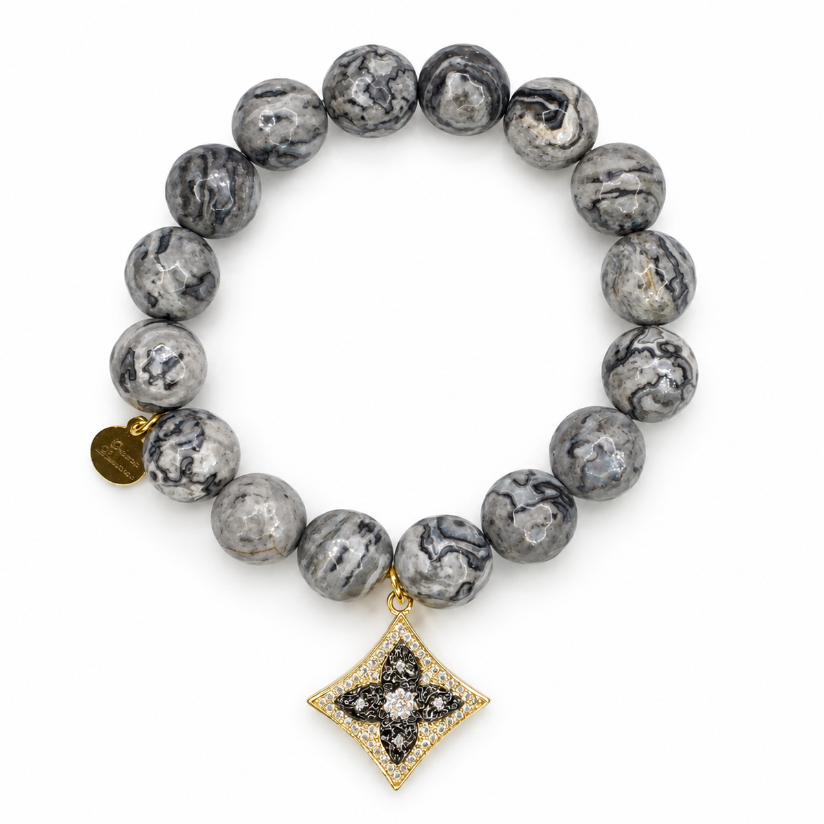 Mr Jasper Grey with Pavé Harlequin Gold Clover Pendant on white studio background