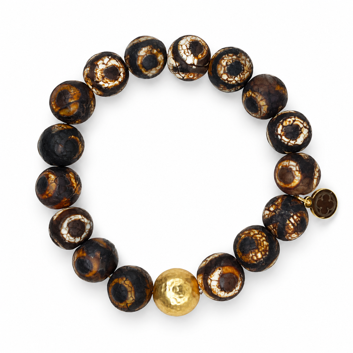 Tibetan Antique Espresso Eye Agate with Hammered Gold Accent on white studio background