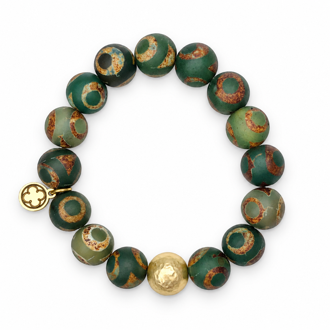Tibetan Antique Green Eye Agate with Hammered Gold Accent on white studio background
