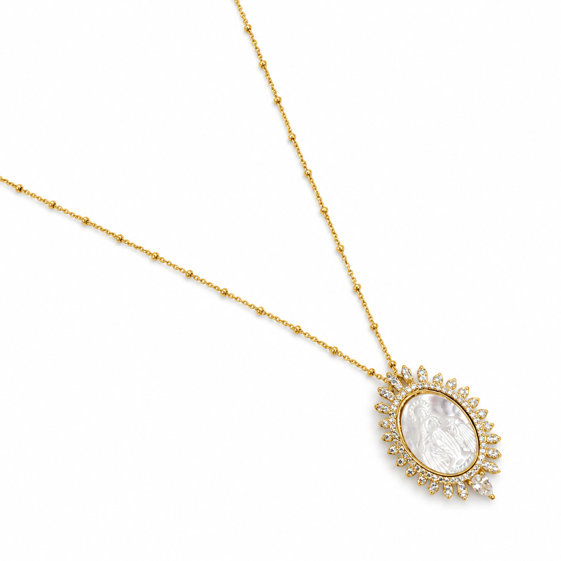 Mother of Pearl Blessed Mother Medallion Necklace studio photo