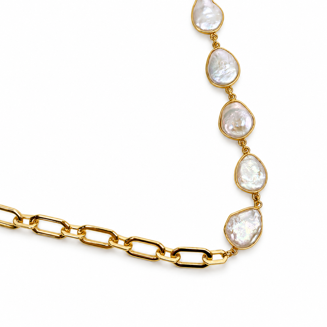 Gold Bezel Pearl Necklace studio photo
