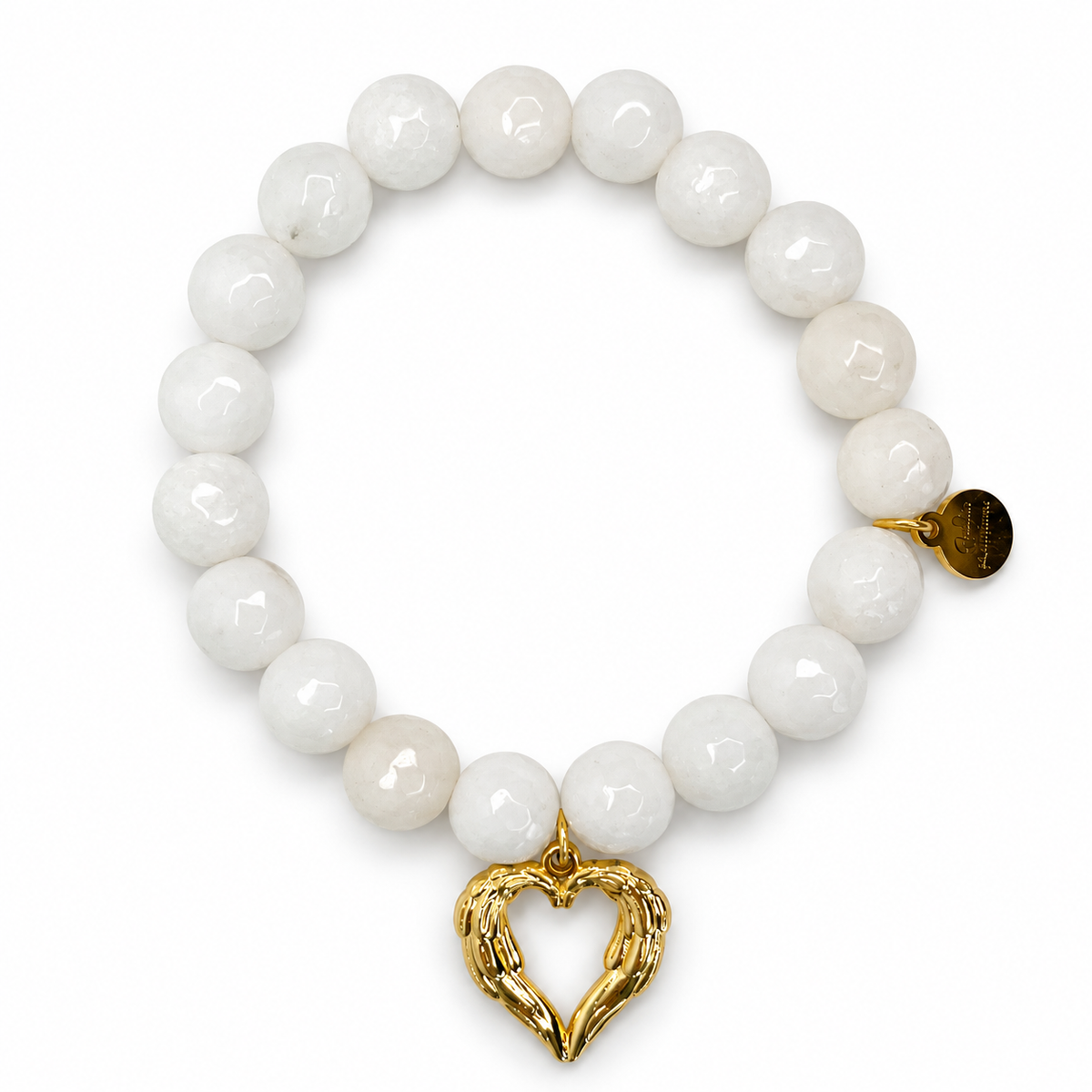 White Jade with Gold Heart Angel Wings on white studio background