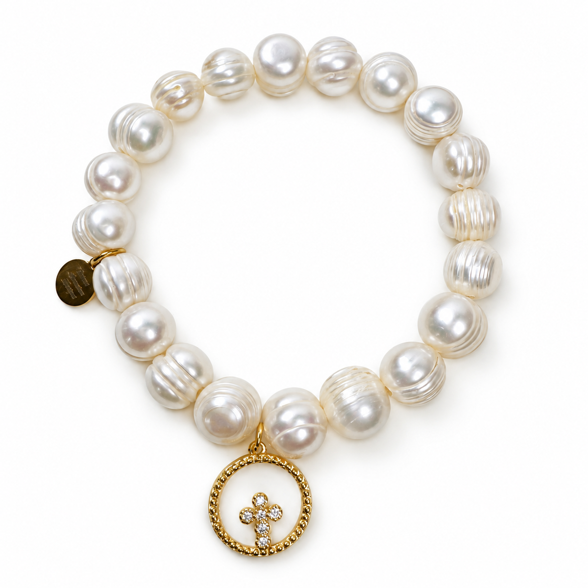 Freshwater Pearls with Mother of Pearl Cross Medallion on white studio background