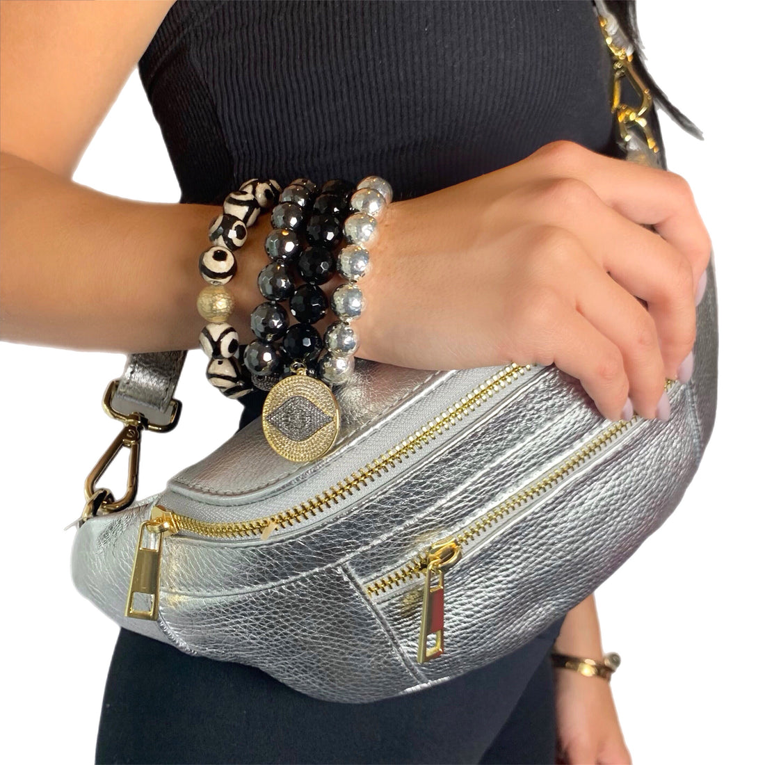 Bridget Silver Leather Crossbody Bag