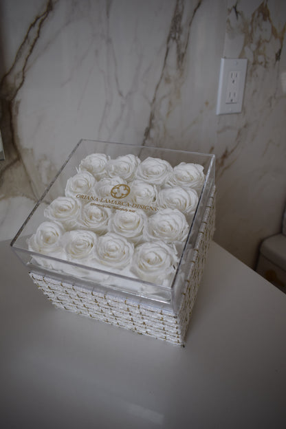 Forever White Roses with White Tweed Flower Box