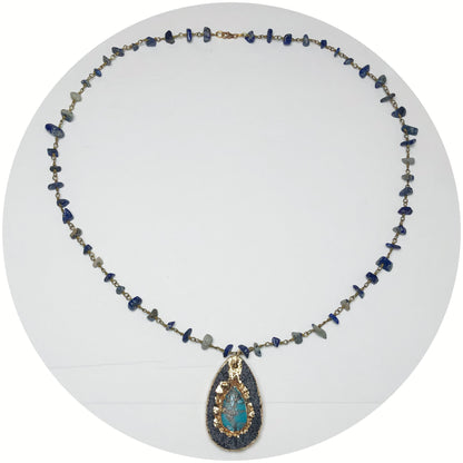 Lapis Beaded Chain with Lava Oval Pendant Necklace