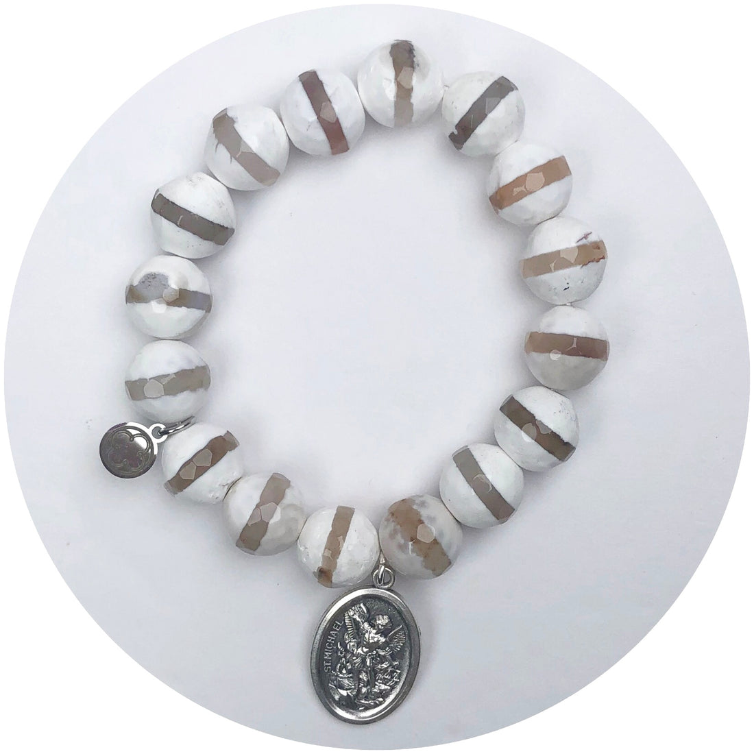 White Mocha Striped Agate with Silver St. Michael Pendant