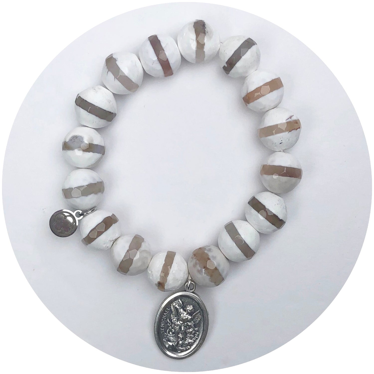 White Mocha Striped Agate with Silver St. Michael Pendant