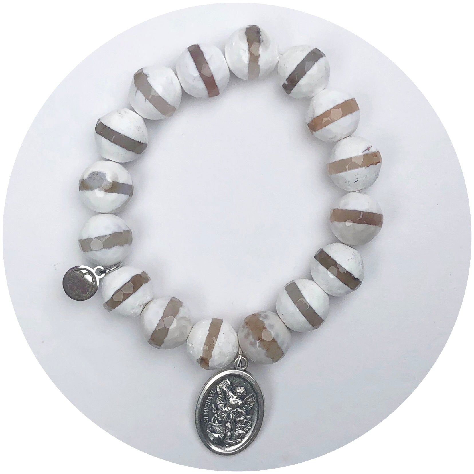 White Mocha Striped Agate with Silver St. Michael Pendant