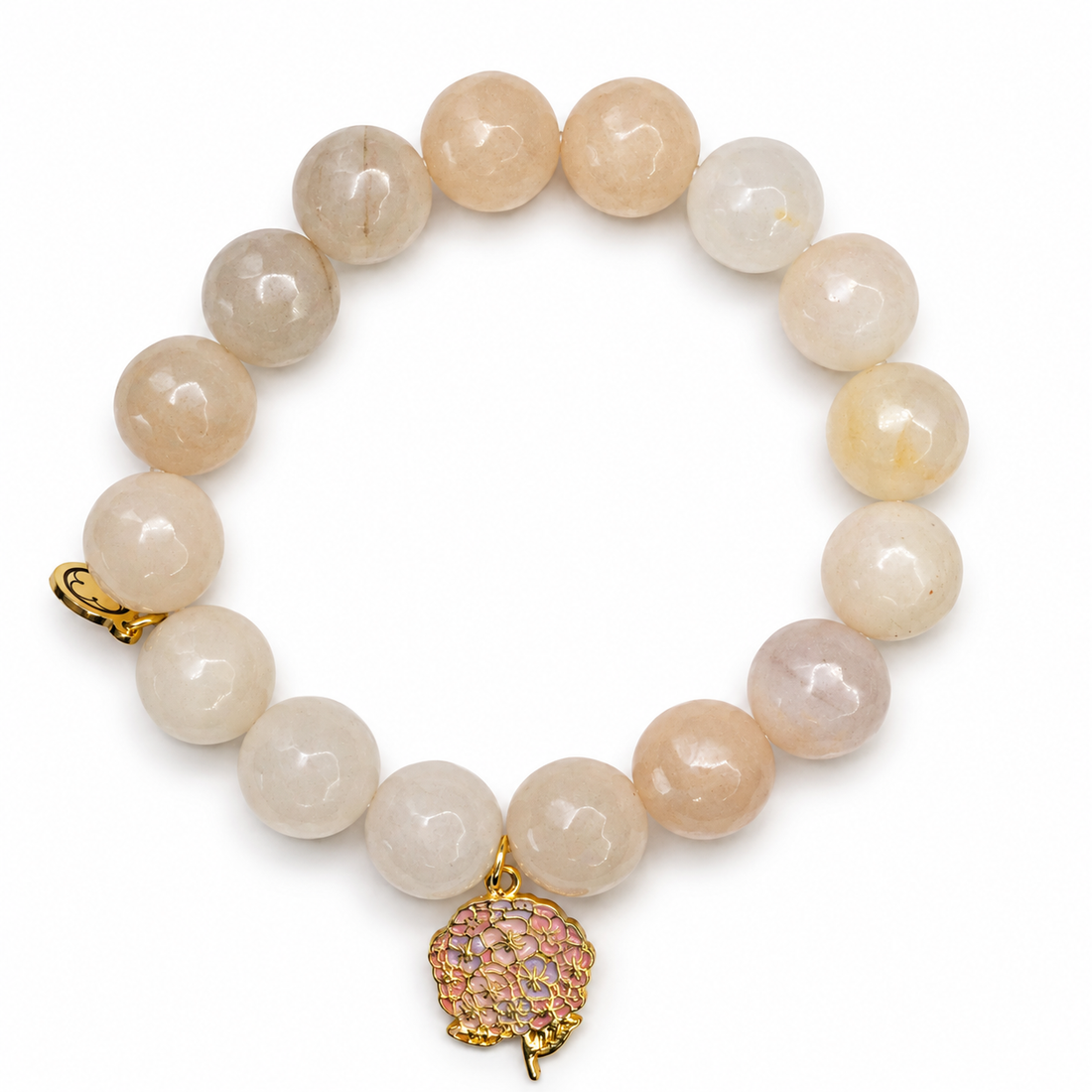 Peach Aventurine with Enamel Hydrangea Pendant on white studio background