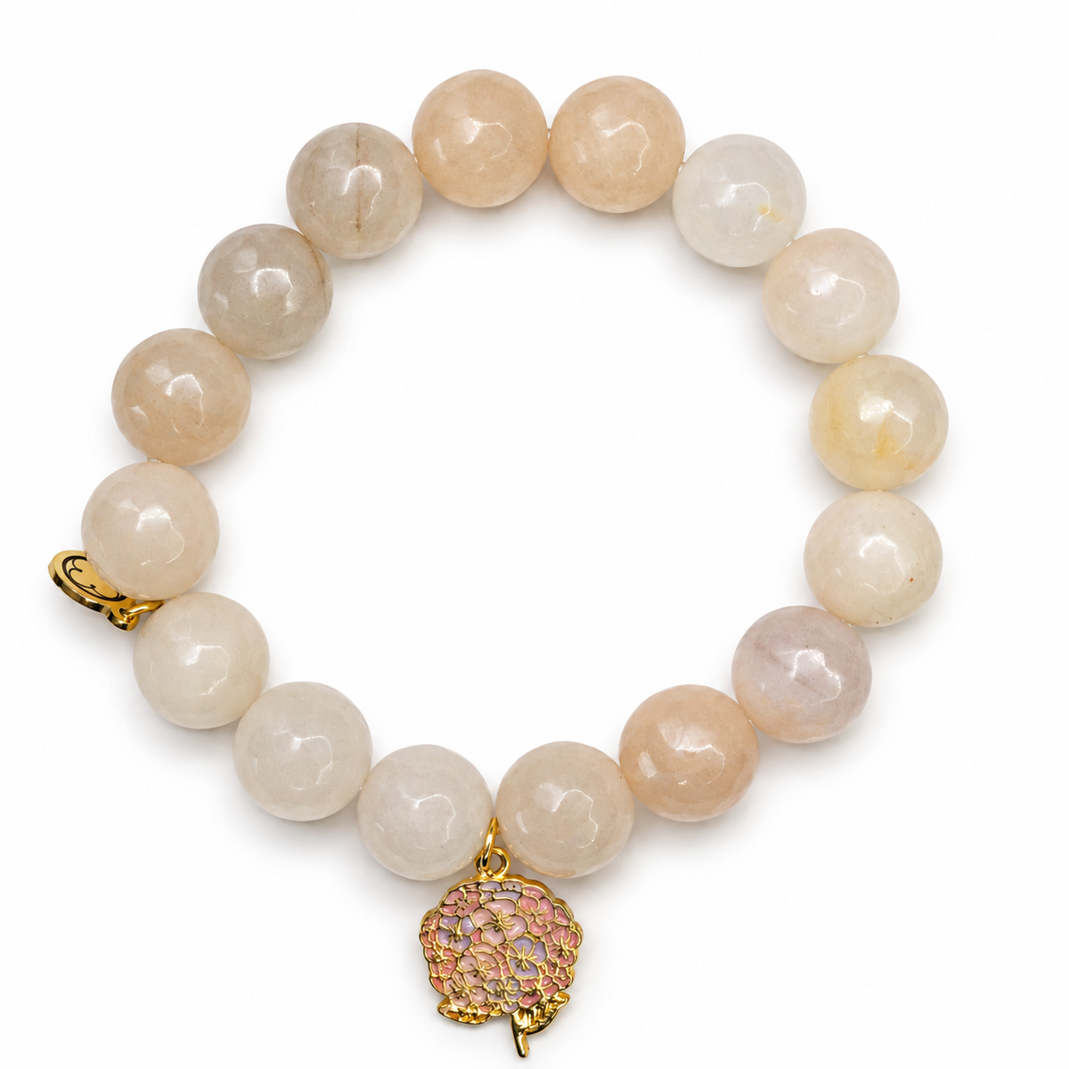 Peach Aventurine with Enamel Hydrangea Pendant on white studio background