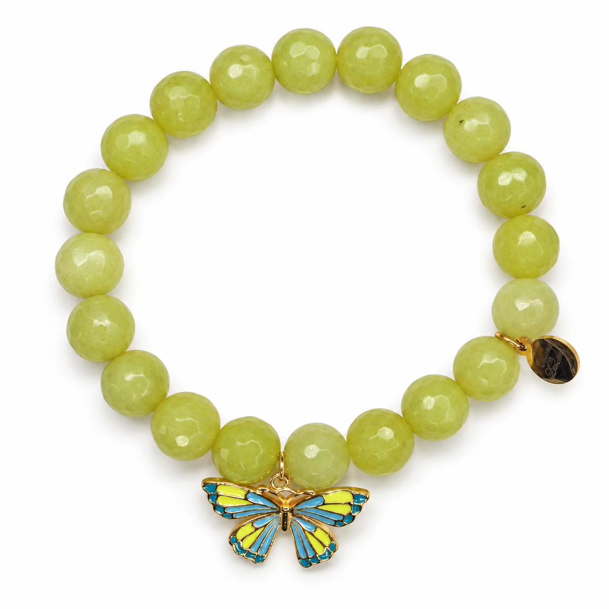 Celery Jade with Camellia Yellow/Blue Butterfly Pendant on white studio background