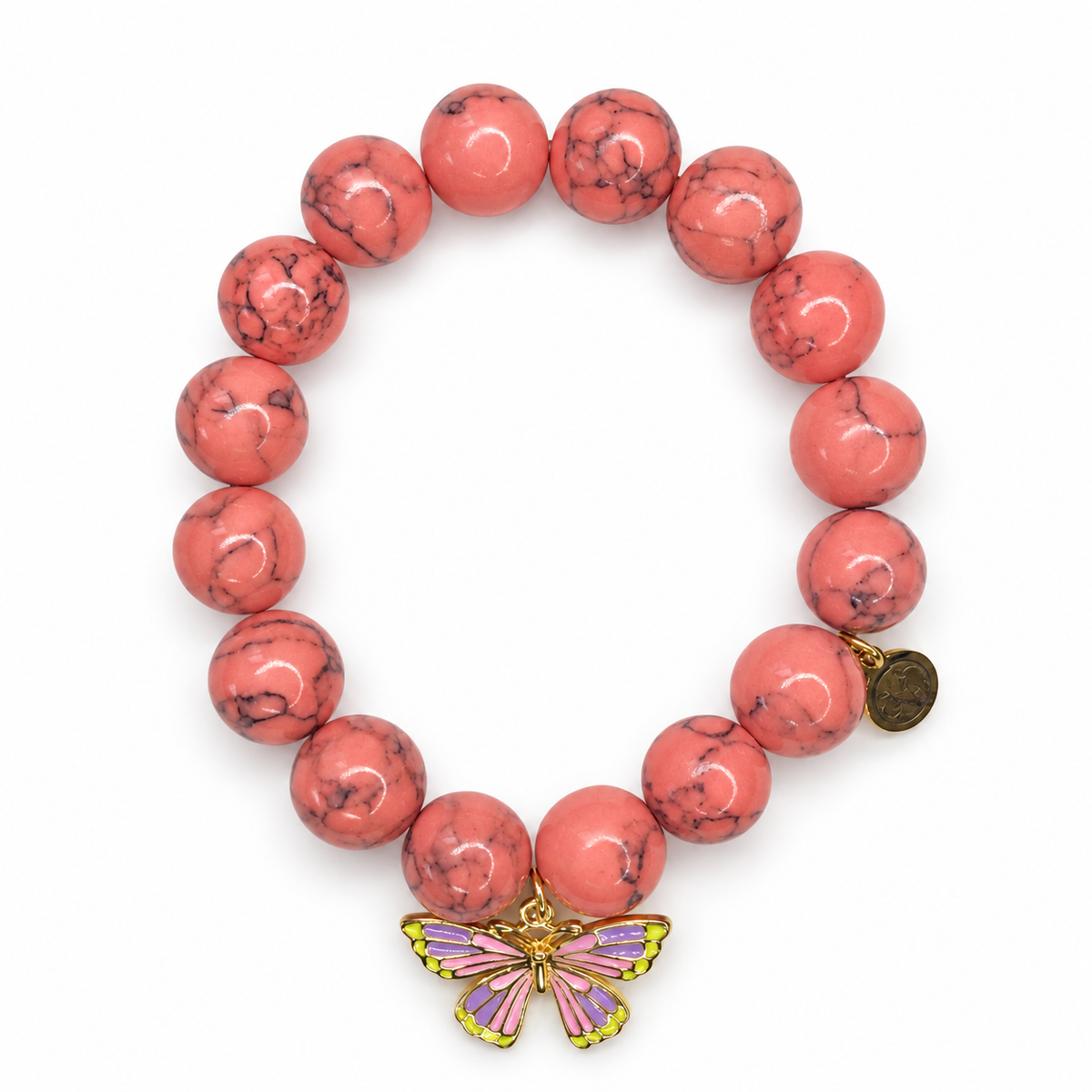 Coral Pink Howlite with Camellia Lavender Butterfly Pendant on white studio background