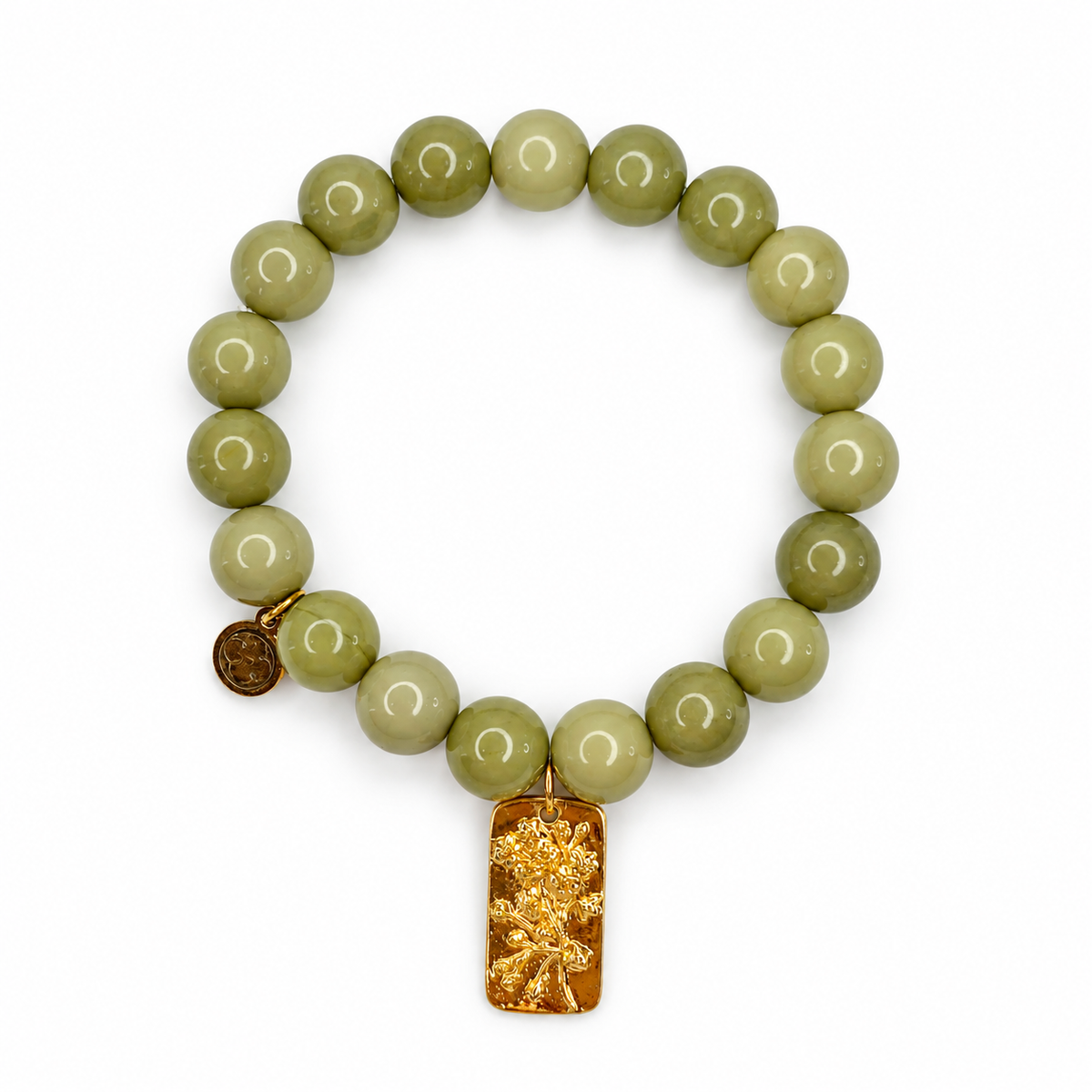 Pistachio Jade with Gold Flower Tag Pendant on white studio background