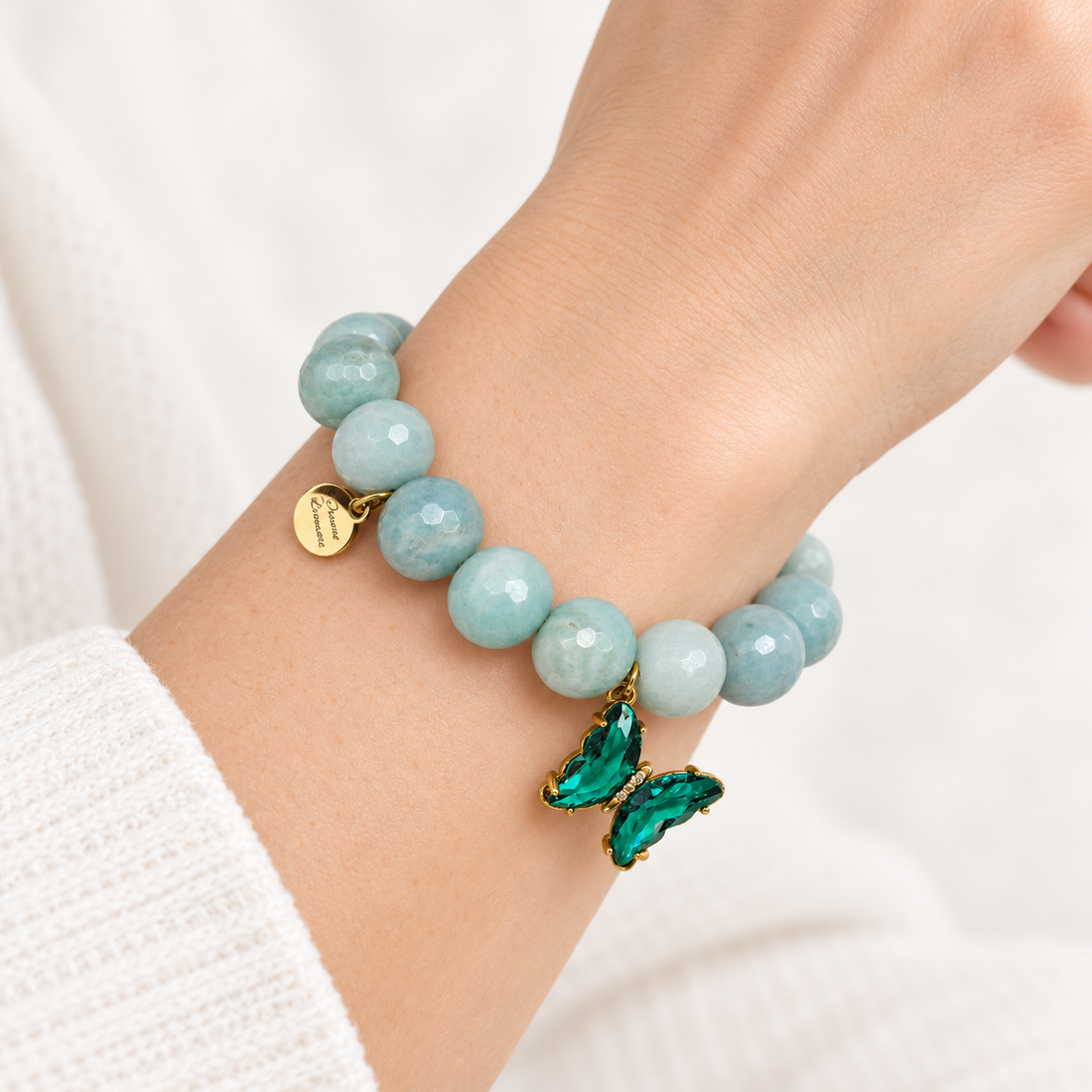 Amazonite Light with Glass Butterfly Pendant worn on a woman&